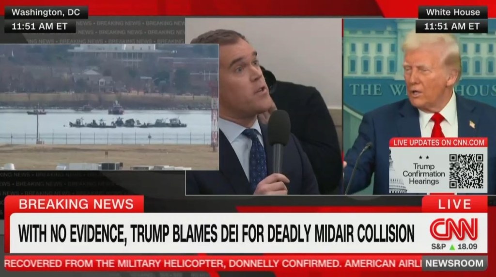 Screen capture of CNN news. Headline: With no evidence, Trump blames DEI for deadly midair collision.